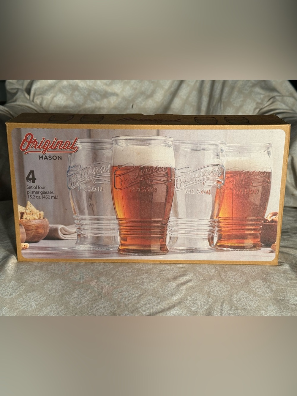 NIB Original Mason Pilsner Beer Glasses Set of 4 Embossed Glassware 15.2 oz
